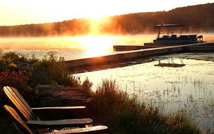 clayton park campground mist on the pier and lake at dusk