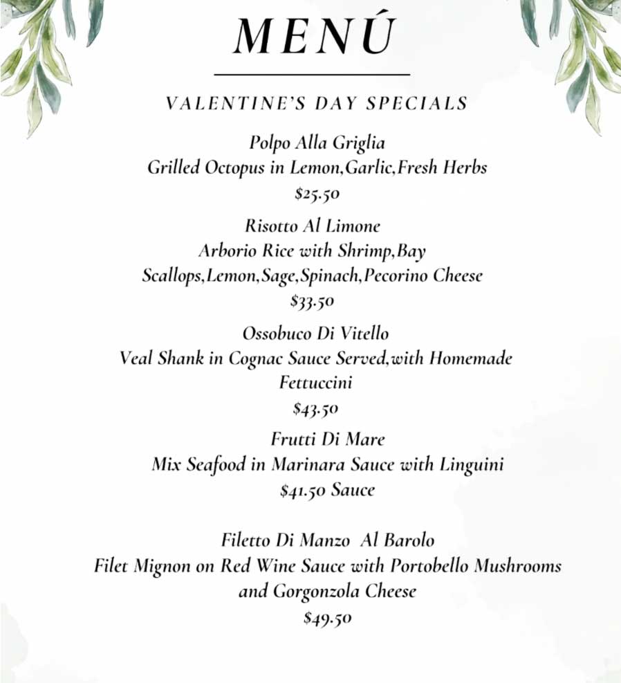 Valentine's at Volare Menu