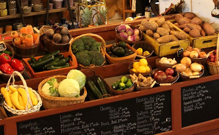farm market interior vegetable rack