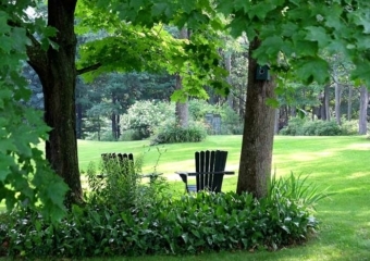 James Manning House chairs in back yard surrounded by trees