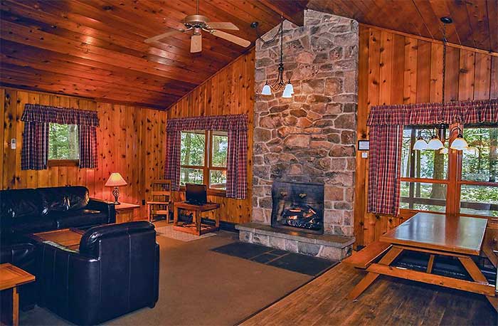 Lakeview Cottage #36 living room and fireplace