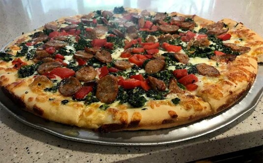 large sausage and peppers pizza pie