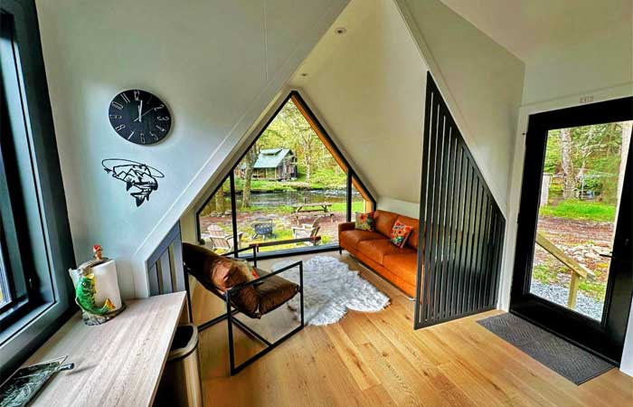 Modern Catskills Creekfront A-Frame Living Room