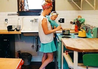 Narrowsburg Luxton Lake Cutie mother with baby in kitchen