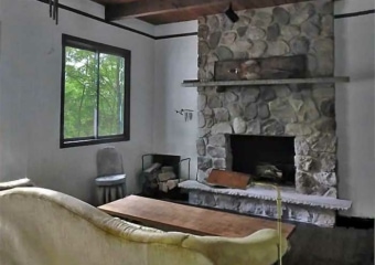 pocono cabin with forest views fireplace