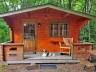 Pocono Vacation Park cabin with pup on porch