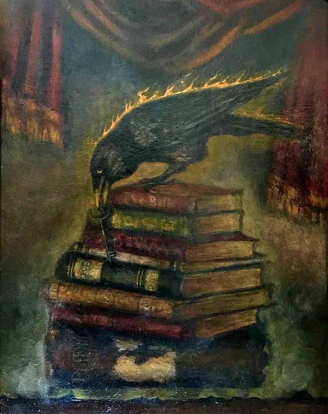 painting of raven perched on stack of books