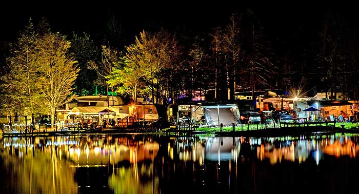 Ponderosa Pines Campground lakeside lots at night