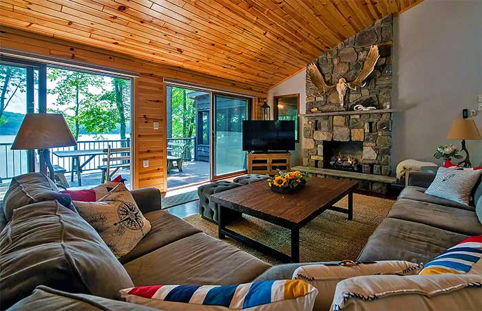 red canoe lakefront living room