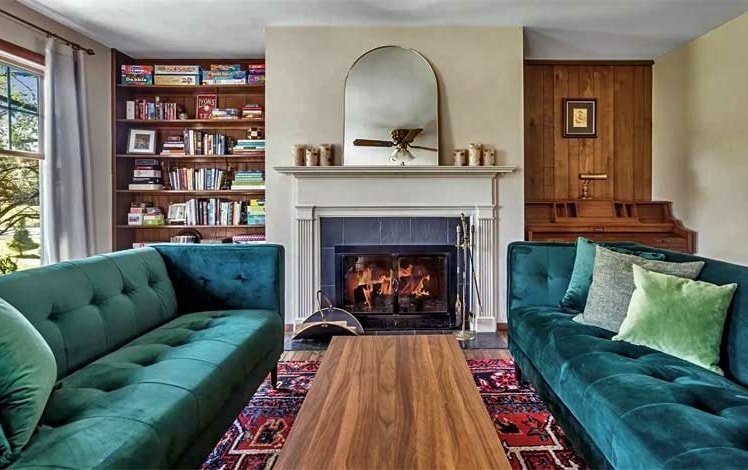 The Blue Hill House living room and fireplace