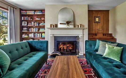 The Blue Hill House living room and fireplace