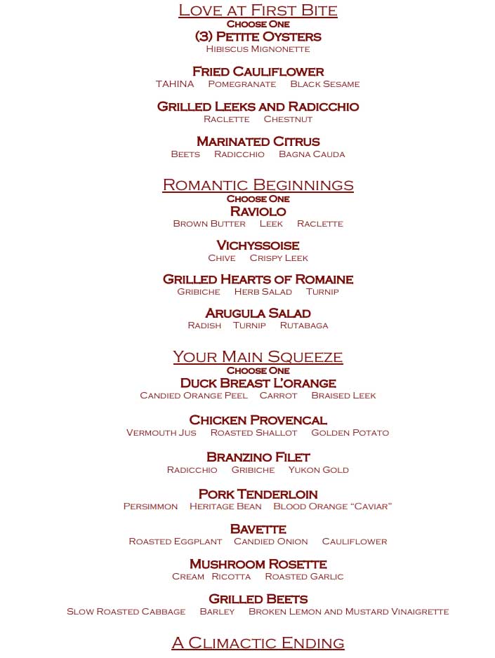 Valentines Day Dinner at Settler's Inn Menu