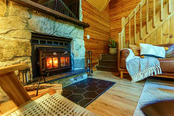 Woodside A-Frame Modern Cabin fireplace