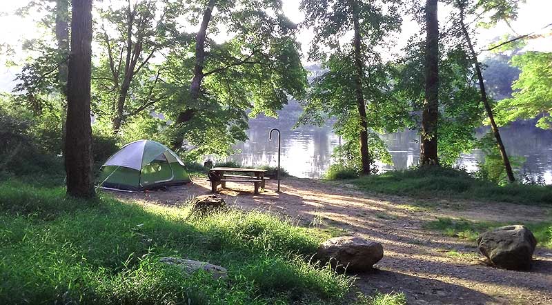 campsite set up along the waterfront