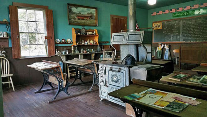 schoolhouse interior with stove