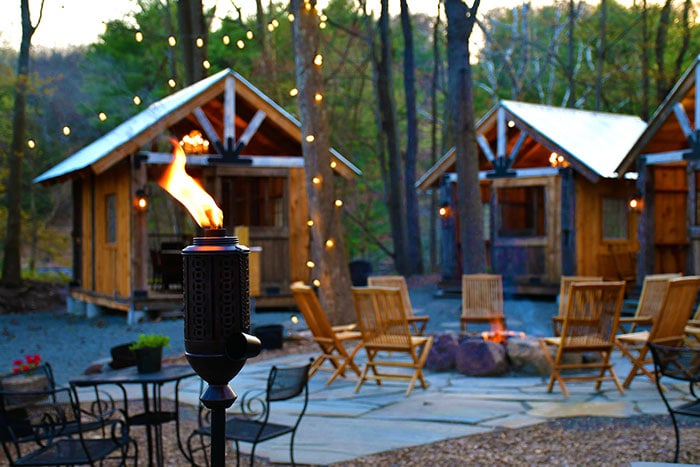 cabins and fire pit in grant's woods