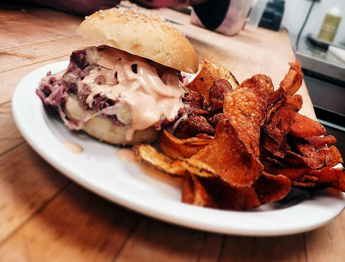 corned beef sandwich and homemade potato chips