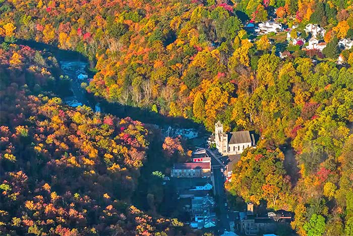 aerial view jim thorpe surrounded by mountains