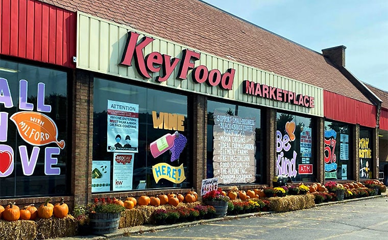 key food milford store exterior with pumpkins for sale