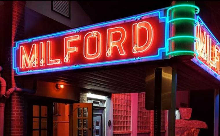 milford theater exterior neon sign