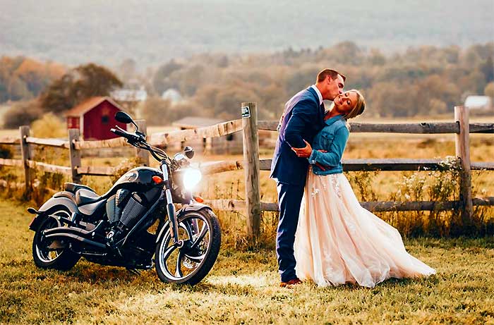 new leaf farm bridal couple with motorcycle