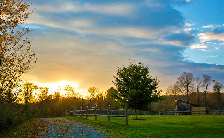 the cabins at boyds mill path at dusk