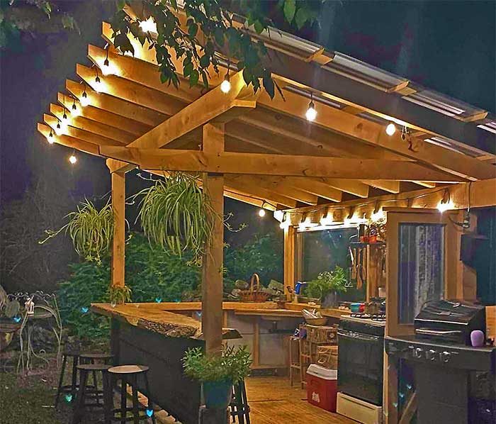 the yurt at the farm! outdoor kitchen at night