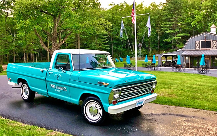 outdoor dining and vintage blue truck